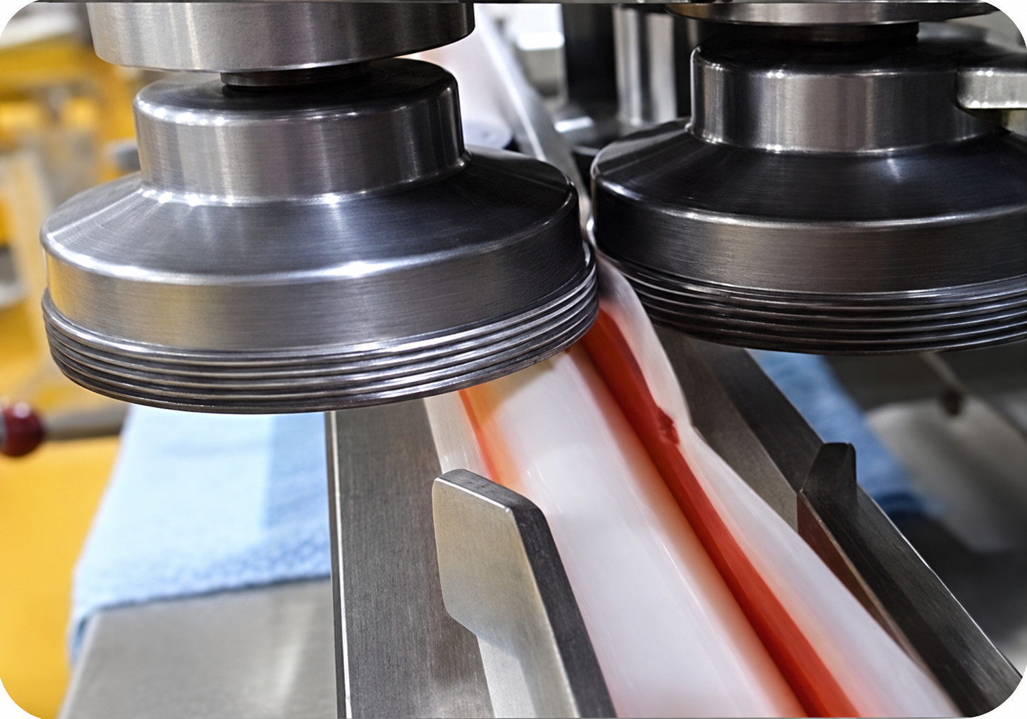 Close-up of conveyor and processing components on a YUKE crab stick line