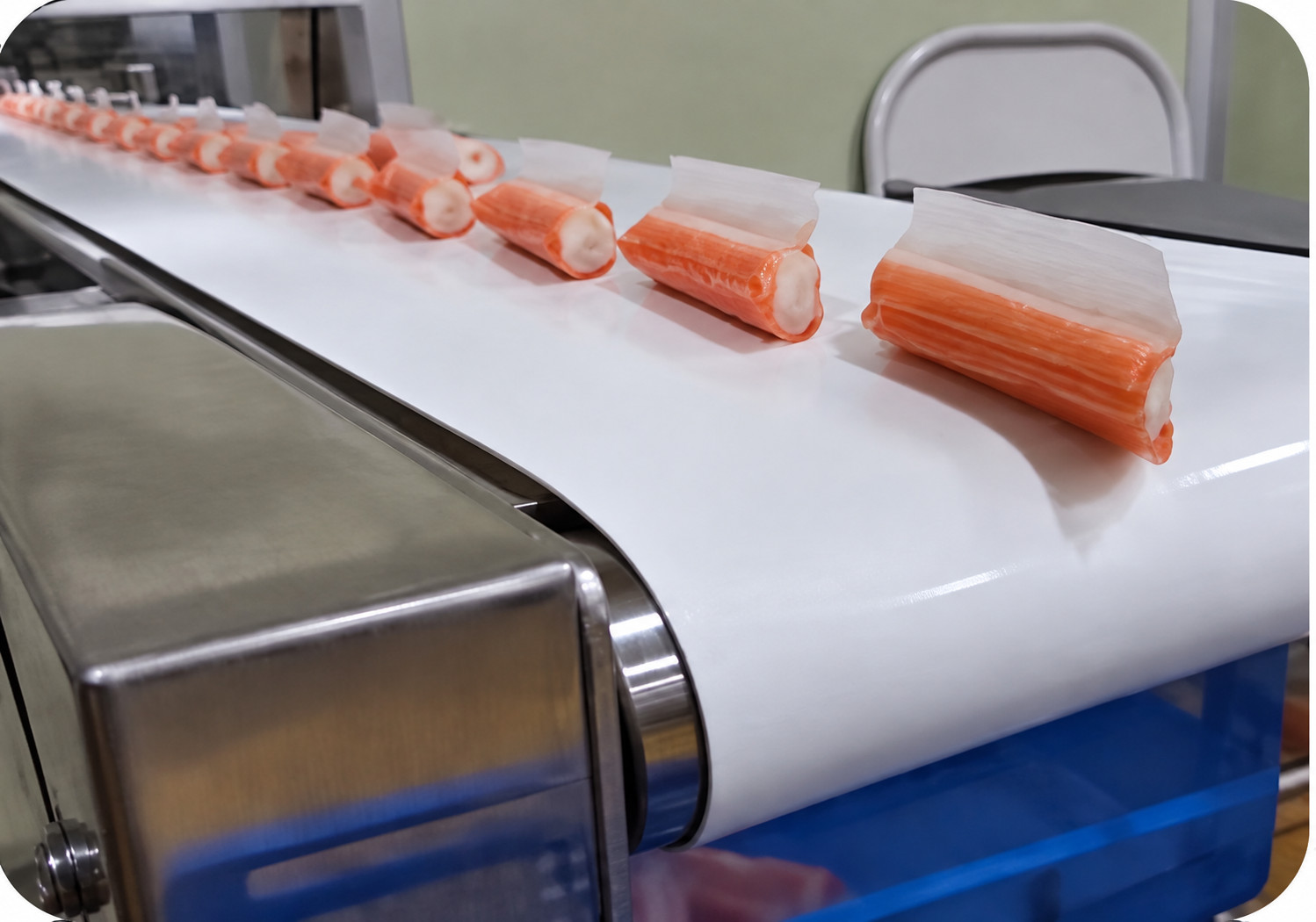 Close-up of conveyor and processing components on a YUKE crab stick line