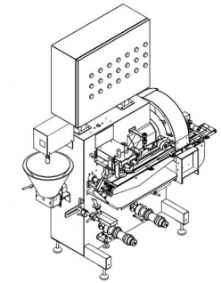 Technical illustration of the FCM-3013 crab stick coloring and wrapping machine